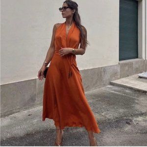 ZARA LINEN BLEND MIDI DRESS